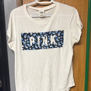 Victoria's Secret PINK Cream Tee with Blue Floral Accents